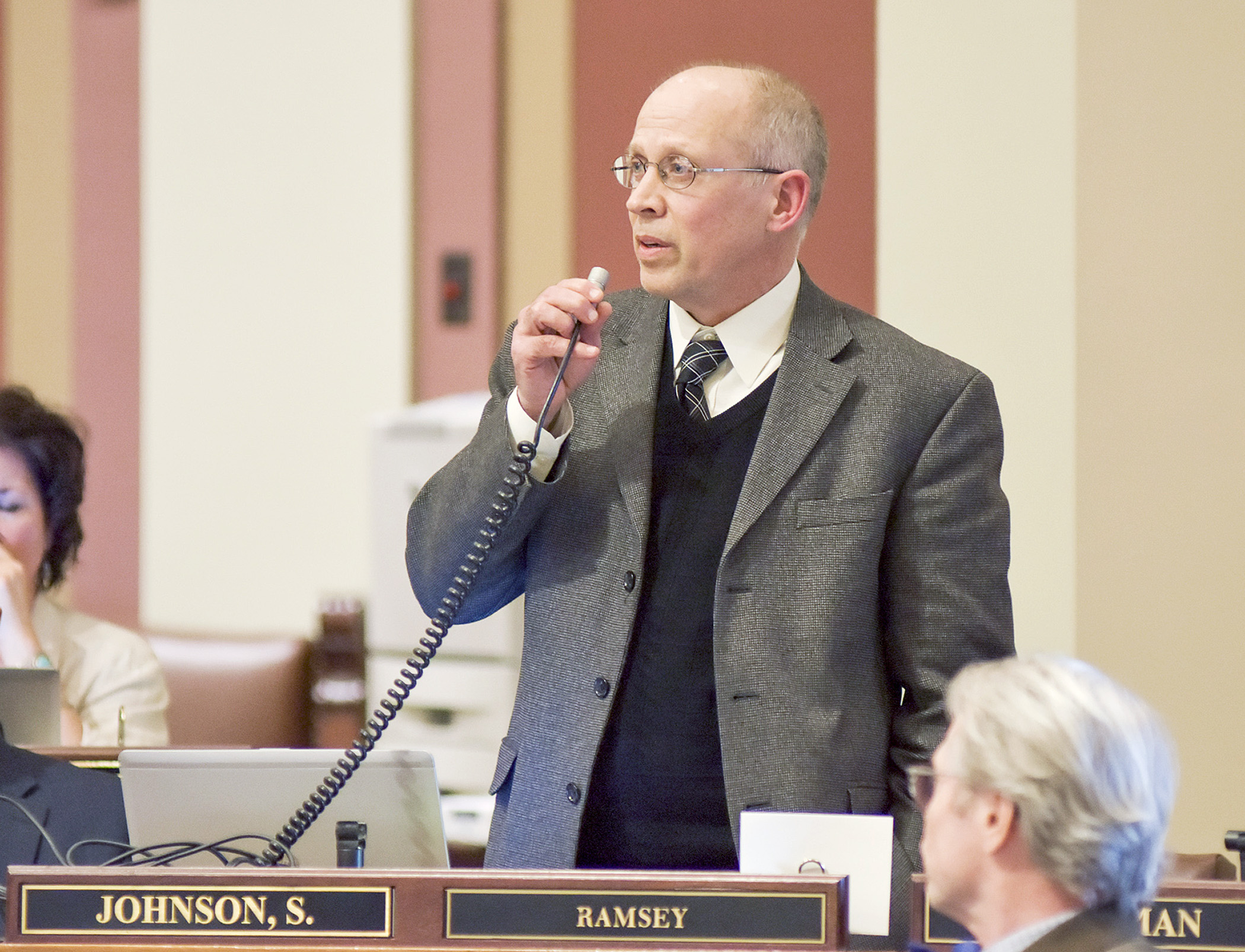 Rep. Sheldon Johnson is pictured on the House Floor during the 2017 session. Photo by Andrew VonBank